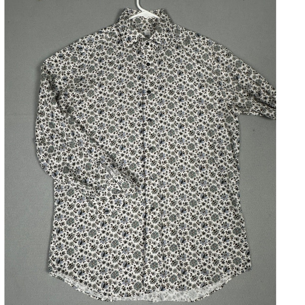 Emanuel Berg Shirt Mens Medium 15 White Blue Floral Modern Fit Dress Button Up